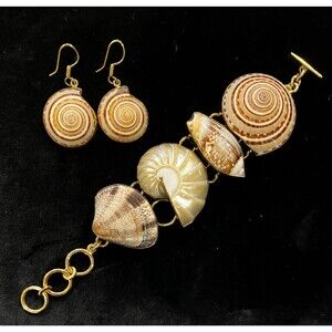 Signed Charles Albert Chunky Gold Metal Natural Shell Bracelet & Earrings Set
